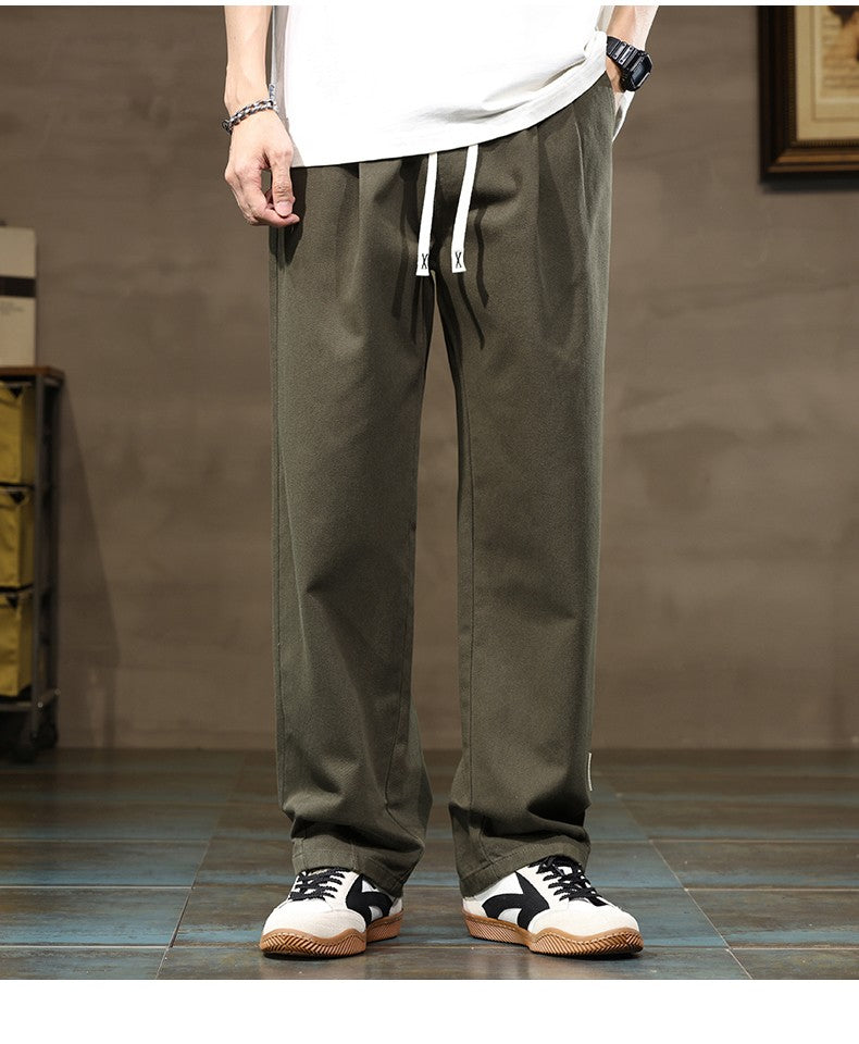 100% Cotton Men's Loose Wide Leg Pants Elastic Waist Fashion ArmyGreen Khaki Korean Streetwear Autumn Straight Trousers