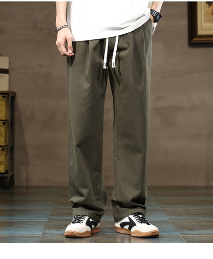 100% Cotton Men's Loose Wide Leg Pants Elastic Waist Fashion ArmyGreen Khaki Korean Streetwear Autumn Straight Trousers