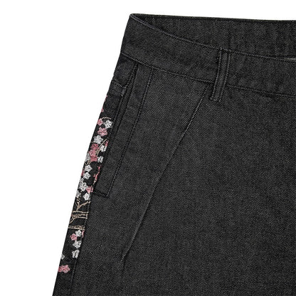Fashion Retro Cherry Blossom Pattern Embroidery Black Denim Shorts Gothic Hip Hop Men Women Versatile Casual Streetwear Summer