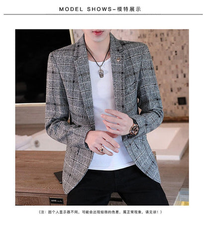 Men's casual plaid suit jacket, fashionable and versatile slim-fitting top, stylish plaid suit