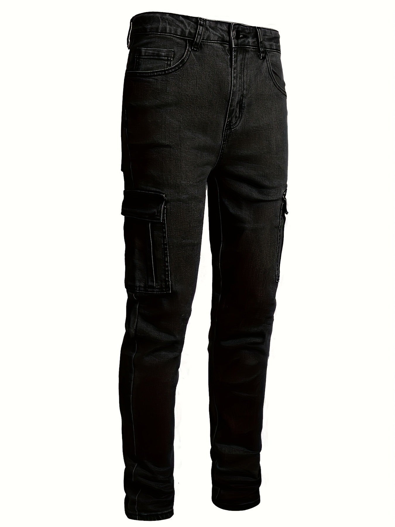 Calça jeans masculina com múltiplos bolsos, estilo casual e perna reta