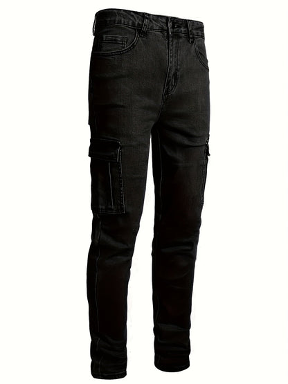 Calça jeans masculina com múltiplos bolsos, estilo casual e perna reta