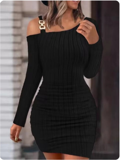 Women's Sexy Slant Neck Dresses Metal Sheet Long Sleeved Off Shoulder Dress Fashion Autumn Dress