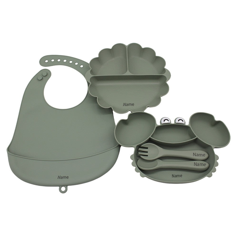 Free Name Printing Children's Tableware Set: Bib, Plate, Fork, Spoon - Silicone Material Personalized Gift