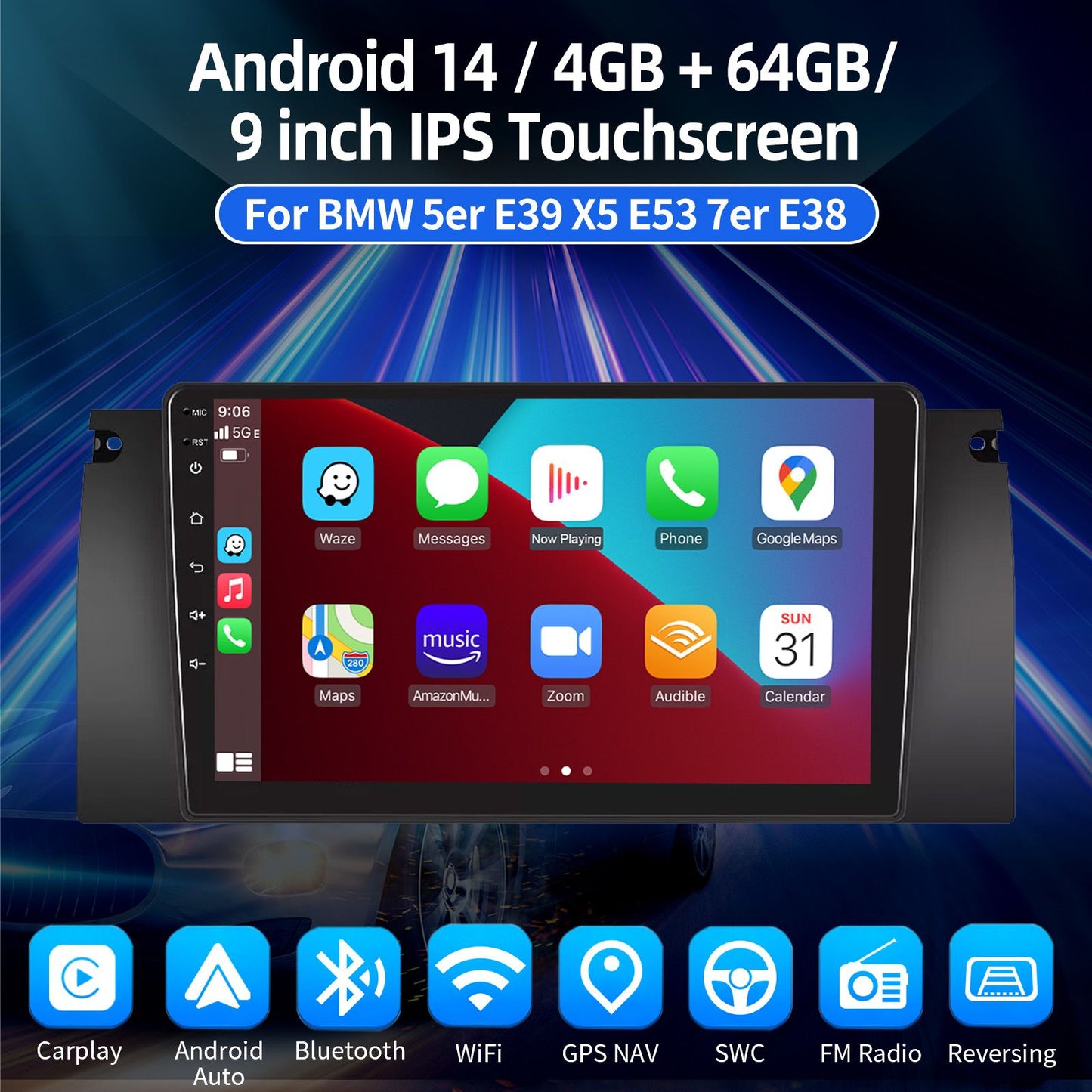 4+64GB For BMW E38 E39 E53 X5 Apple Carplay 9" Android 15.0 Car Stereo Radio Touch Screen GPS Navigation WiFi SWC BT FM+DVR&CAM