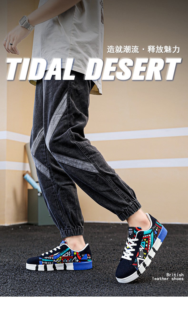 YRZL Men's Sports Running Shoes Canvas Geometric Style Lace-Up Sneakers Couples' Fashionable Graffiti Print Skate Shoes Men