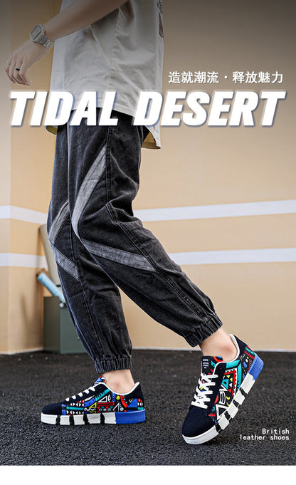 YRZL Men's Sports Running Shoes Canvas Geometric Style Lace-Up Sneakers Couples' Fashionable Graffiti Print Skate Shoes Men