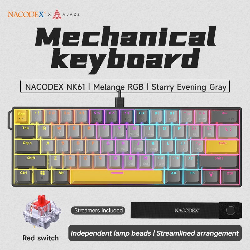 Teclado Mecânico Gamer com Fio Ajazz NK61 Efeitos de Iluminação RGB Suporta Teclas Hot-Swappable 61 Teclas Teclado Mecânico Gamer