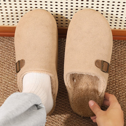 2025 New Unisex Winter Home Slippers Fashion Buckle Design Warm Fleece Lined Non - Slip Indoor Comfort Slippers New Arrival