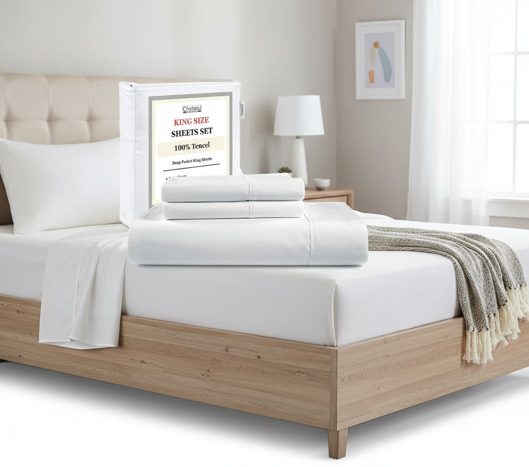 100% Tencel King Sheet Set, Soft Breathable 300 Thread Count, Cooling Moisture-Wicking Sheets for Deep Mattresses