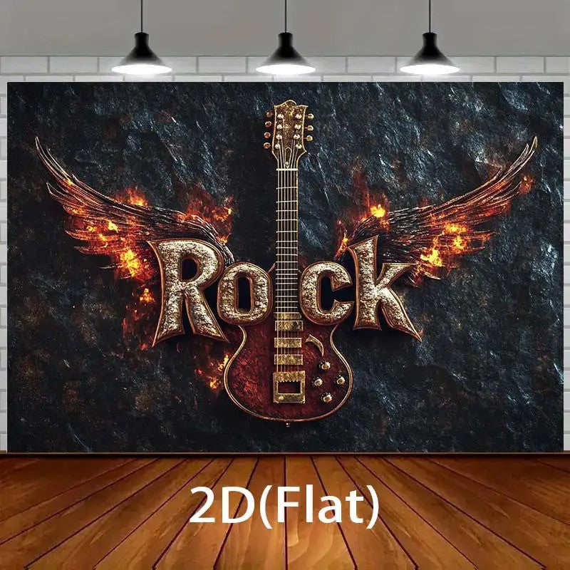 Rock Music Guitar Wall Art Flame Wings Design Band Room Decor Heavy Metal Theme 2D Flat Print Home Decoration