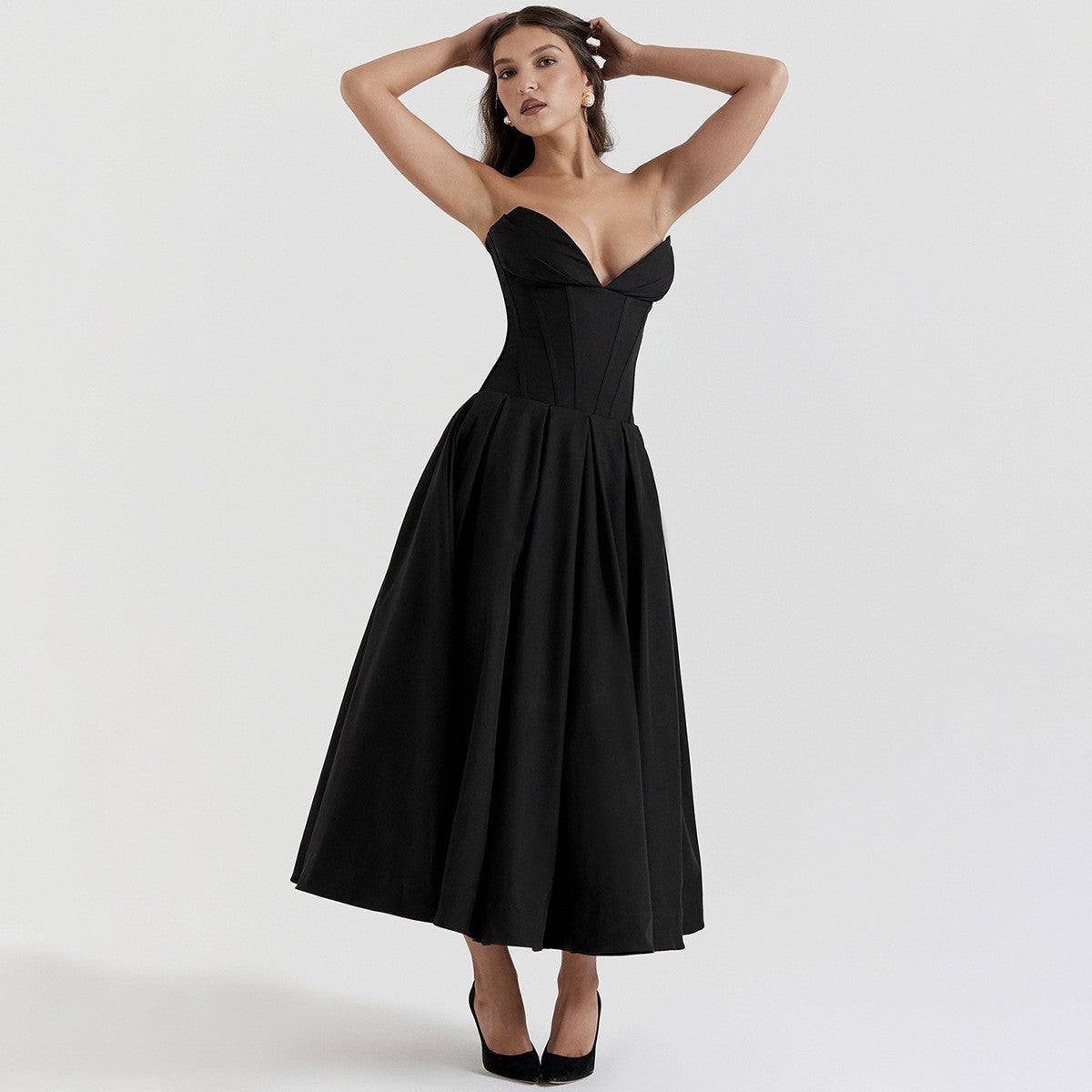 Suninheart Black Elegant Wedding Events Dress Sexy Strapless Corset Dress Midi C