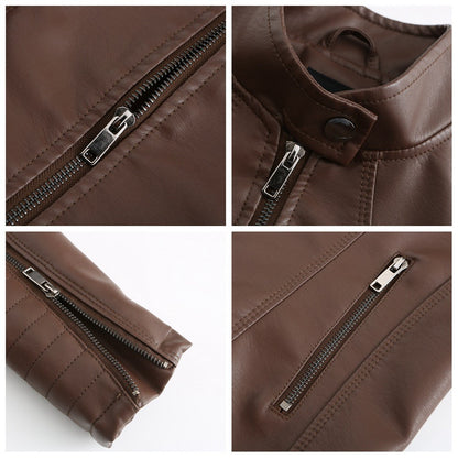 Women's Slim Leather Jacket, Stand-up Collar, Zipper Stitching, Monochromatic Coat, Fashion Clothing, New