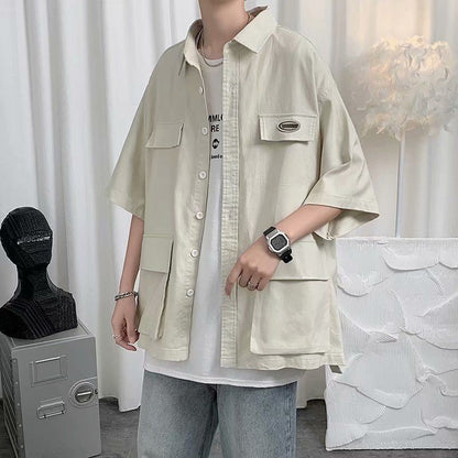 Shirts For Men With Pocket Cargo Man Shirt Loose Korean Style Casual Asia Cool Hipster Original Half Sleeve Fashion Collar I Xxl