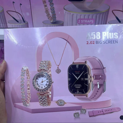 Fashion Smart Watch Gift Box Set + Diamond Quartz Watch + Necklace + Earrings + Ring + Bracelet