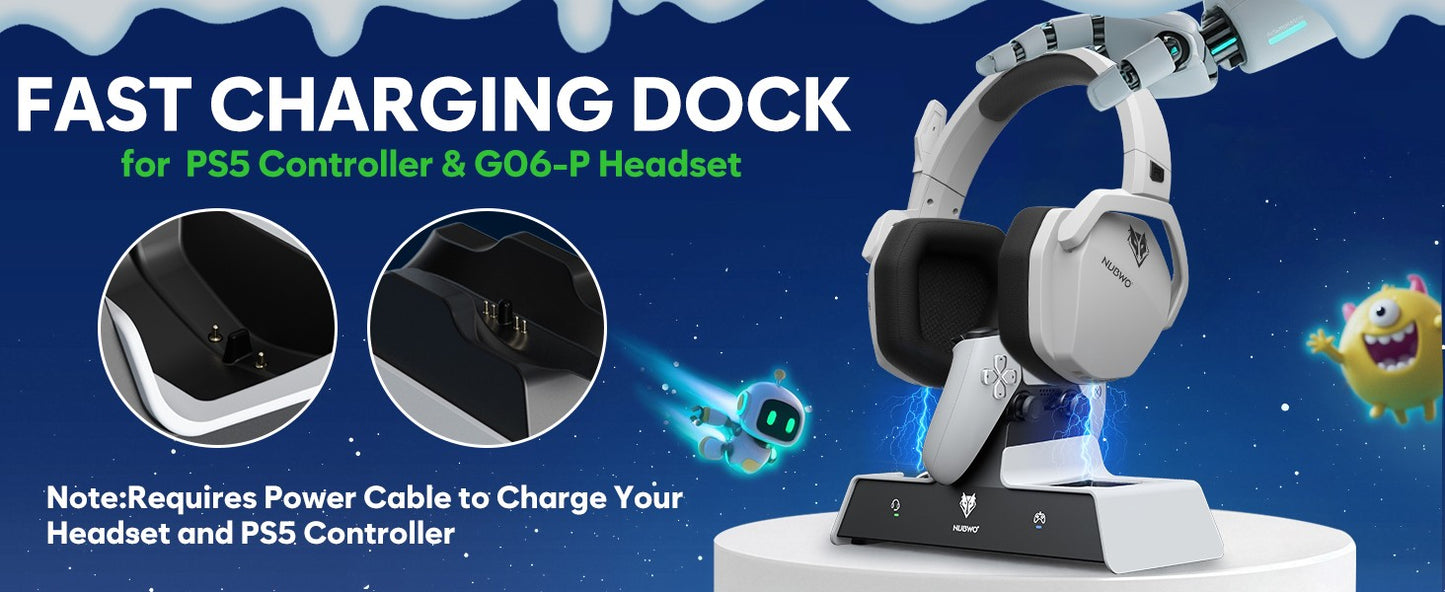 NUBWO G06 Wireless Headsets Gamer with Charging Station for Headset and PS5 Controller Gaming Headphones Long Battery Life