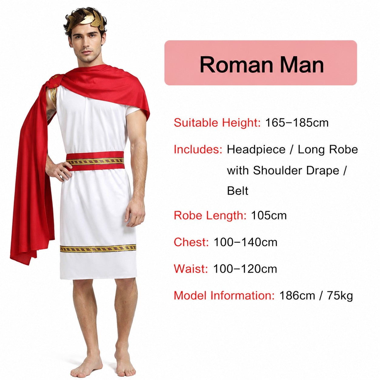 Roman Greek Costume Adult Men Women Couple Toga White Tunic Red Cape Gold Laurel Wreath Halloween Carnival Cosplay Outfit Set