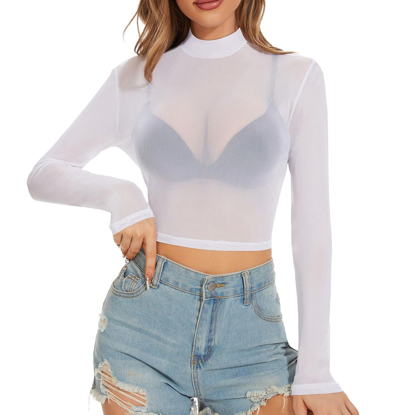Sexy Women Crop Top See Through Mesh Tops Long Sleeve Sheer Slim Fit T Shirts Ladies Stretchy Transparent Bottomed Blouses