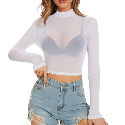 Sexy Women Crop Top See Through Mesh Tops Long Sleeve Sheer Slim Fit T Shirts Ladies Stretchy Transparent Bottomed Blouses