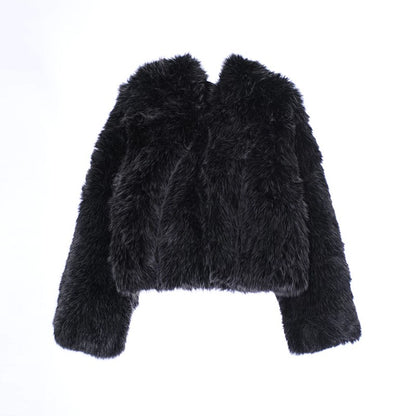 Warm Women's Hooded Faux Fur Cropped Coats Loose V-neck Full Sleeve Thicken Jacket Female 2025 Autumn Winter Lady Luxury Outwear