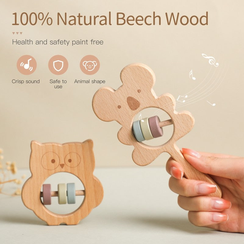 Baby Wooden Koala Hand Rattles Teether Toys Wooden Ring Montessori Toys Owl Shape Musical Rattle  for Baby Gifts Teething Toys