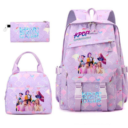 3pçs Mochilas K-pop Demon Hunters Desenho Animado Anime Escolar com Lancheira Mochilas Infantis Impermeáveis Presentes para Aluno
