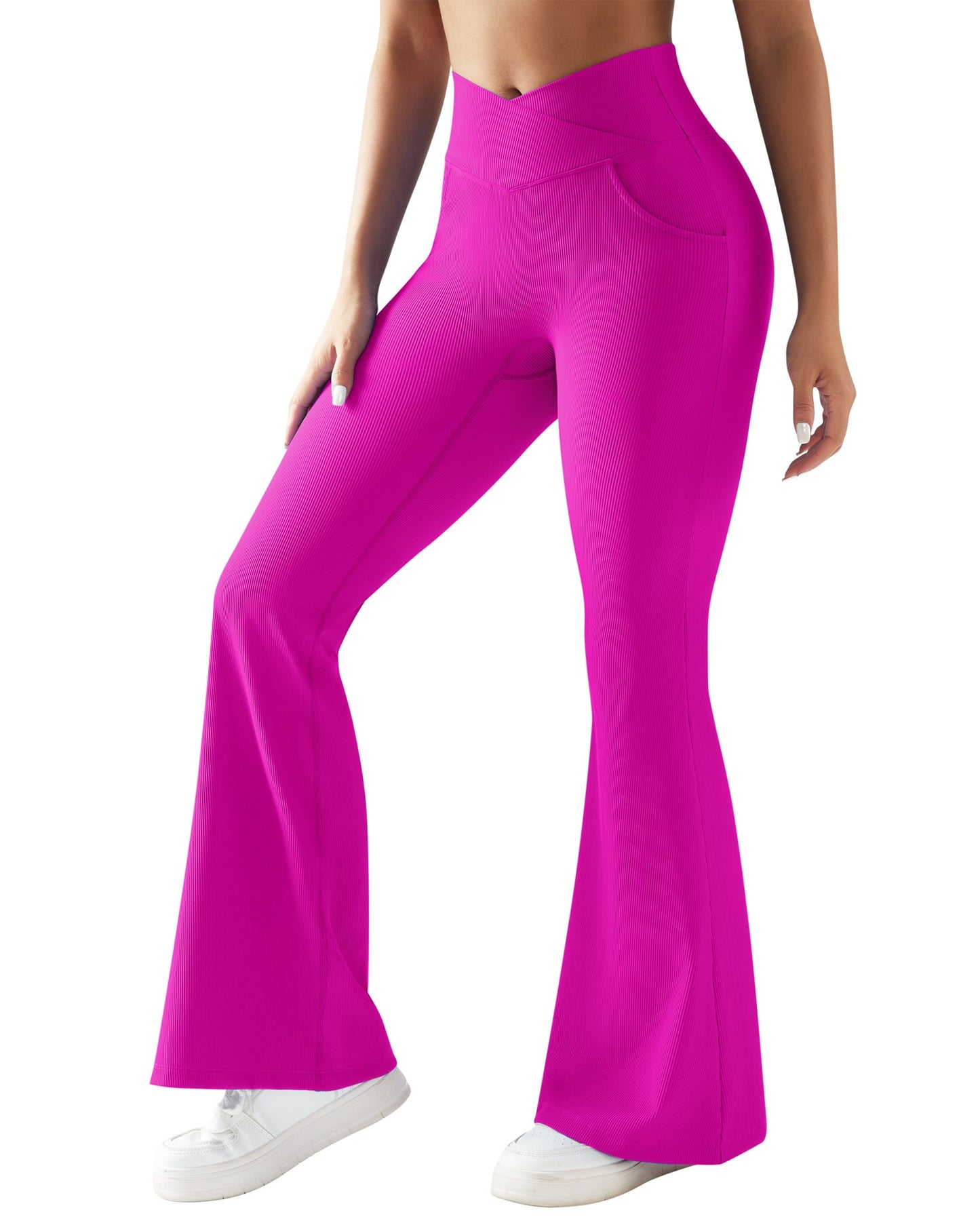 Women Ribbed Crossover Flare Leggings V Waist Slim Fit Yoga Pants with Pockets Workout Fitness Yoga Pants Flared Pants Female