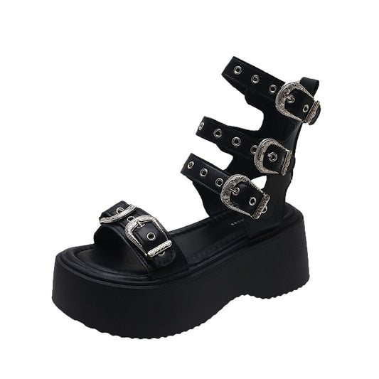 Sandálias Romanas Femininas de Fundo Grosso com Fivela de Cinto de Verão 2025 Decoração de Metal da Moda