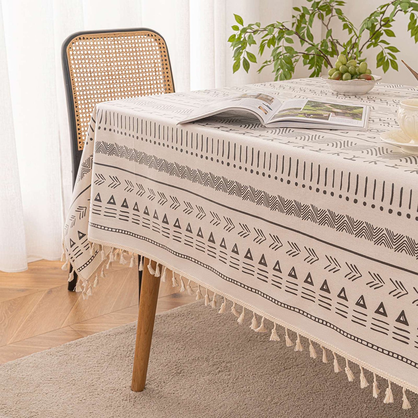 Vintage Boho Tassel Table Cloth Waterproof Cotton Linen Bohemian Tablecloth Patio Outdoor Wrinkle Free Table Protector Covers