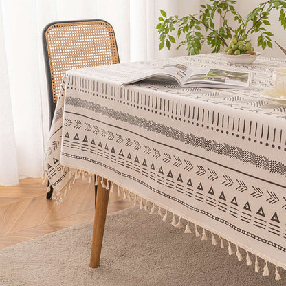 Vintage Boho Tassel Table Cloth Waterproof Cotton Linen Bohemian Tablecloth Patio Outdoor Wrinkle Free Table Protector Covers