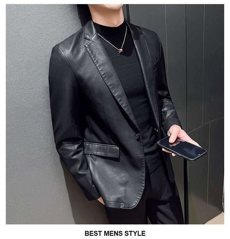 Fashion Men's Casual Leather Dress Suit Coat Male Fashion Business Casual Pu Blazers Jacket Casual Blazer Jackets Man Outerwear