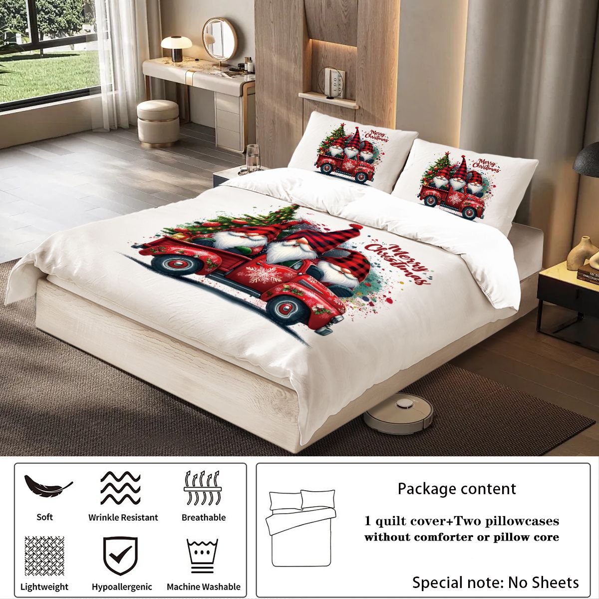3-Piece Christmas Dwarf Pattern Print Set (1 Down Duvet Cover+2 Pillowcases, Core Free) Soft and Comfortable Bedding Set