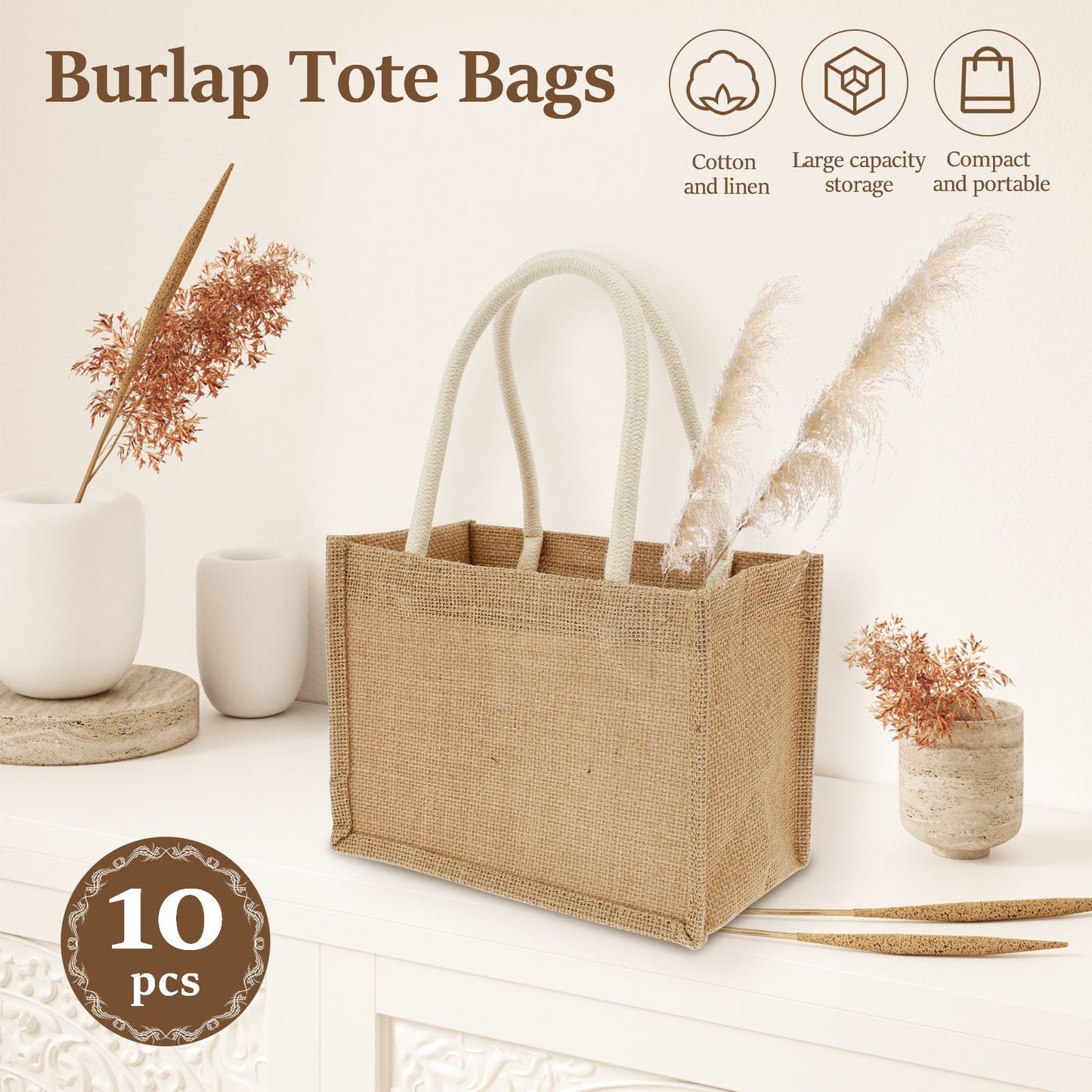 Portable Jute Tote Bag Burlap Tote Bags Mini Burlap Beach Bags Multipurpose Burlap Hand Bags for Shopping Trips Beach School
