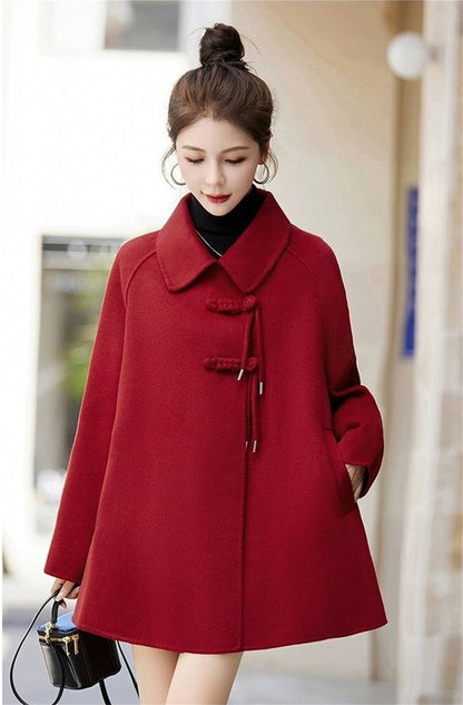High Quality Woolen Coat Women 2025 Autumn Winter New Cloak Long Wool Jacket Chinese Retro Buckle Ladies Overwear Korean Outcoat