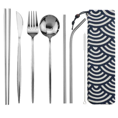 8pcs Portable Travel Knife Fork Spoon Chopsticks Straw Dinneware Set Blue Cutlery Set 304 Stainless Steel Silverware with Pouch