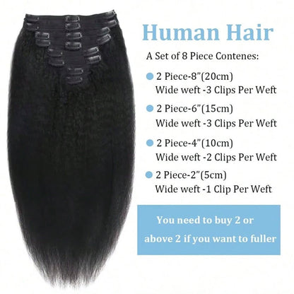 Apliques de cabelo com clipe Kinky Straight Cabelo humano real Preto natural Trama dupla para mulheres de 16 a 28 polegadas 100g 8 peças