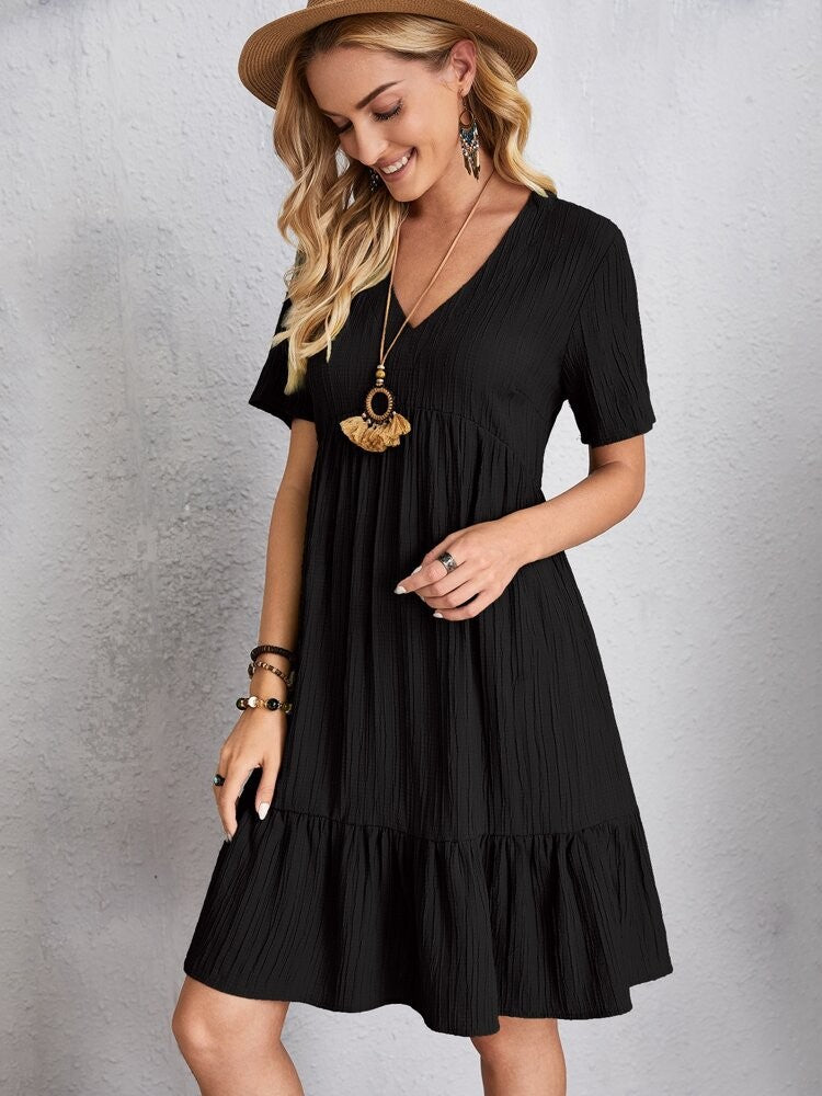 Women Elegant Short Sleeve V Neck Ruffles Dress Summer Casual Solid Loose Mini Dress Chic Bohemian Sundress Beach Party Vestidos