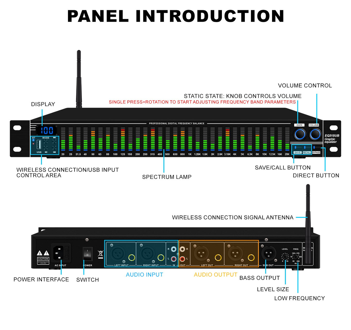 EQ31SUB Digital Equalizer 31 Stage Tuner Professional Stage Performance Noise Reduction Audio Processing