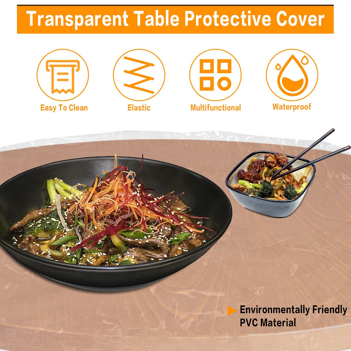 Fitted Clear Round Tablecloth Elastic Edged PVC Round Table Waterproof Oil-Proof Table Cover Protector Effortless to Clean Table