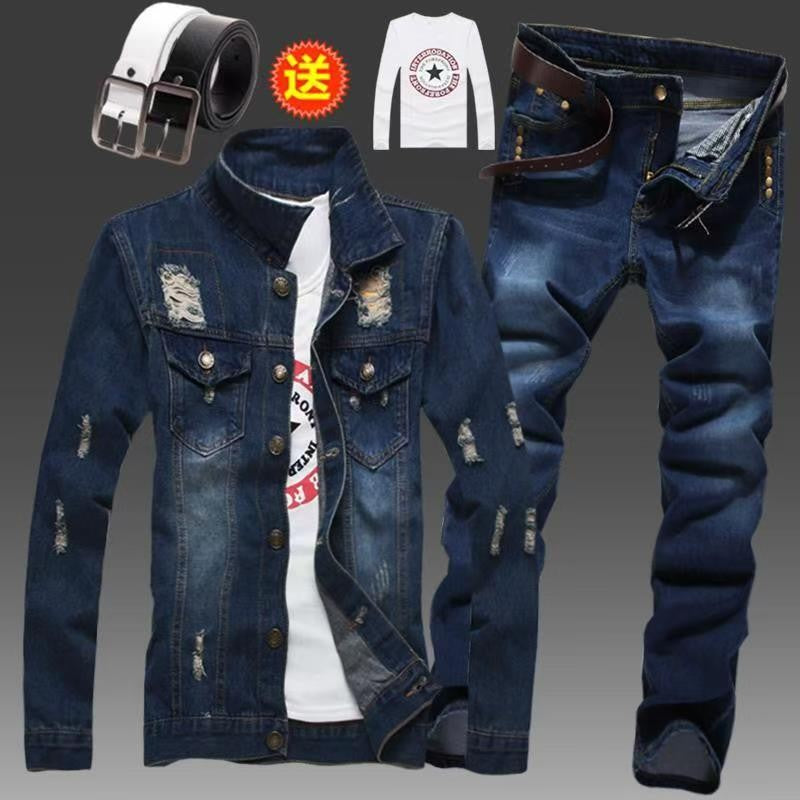 Men's Slim Fit Denim Jacket Pants 2pcs Set Long Sleeve Coats Letters Printed Casual Large Size Black White Red Boys Trousers