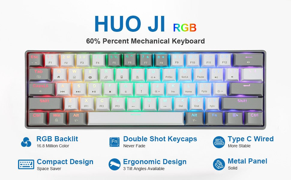 HUO JI Portable 60% Mechanical Gaming Keyboard,RGB LED Backlit Compact 61 Keys Mini Wired Office Red Switch Windows Laptop PC -