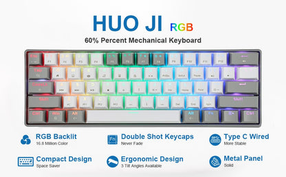 HUO JI Portable 60% Mechanical Gaming Keyboard,RGB LED Backlit Compact 61 Keys Mini Wired Office Red Switch Windows Laptop PC -