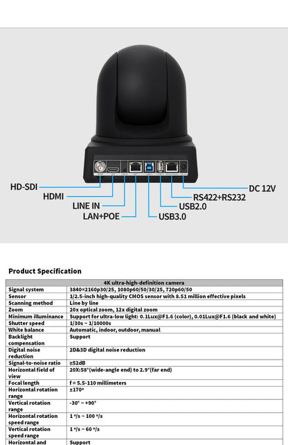 4K NDI  PTZ Camera 1-10pcs 20X Zoom Video Conference Camera for Church Business Meeting Optional 1 controller keyboard kit