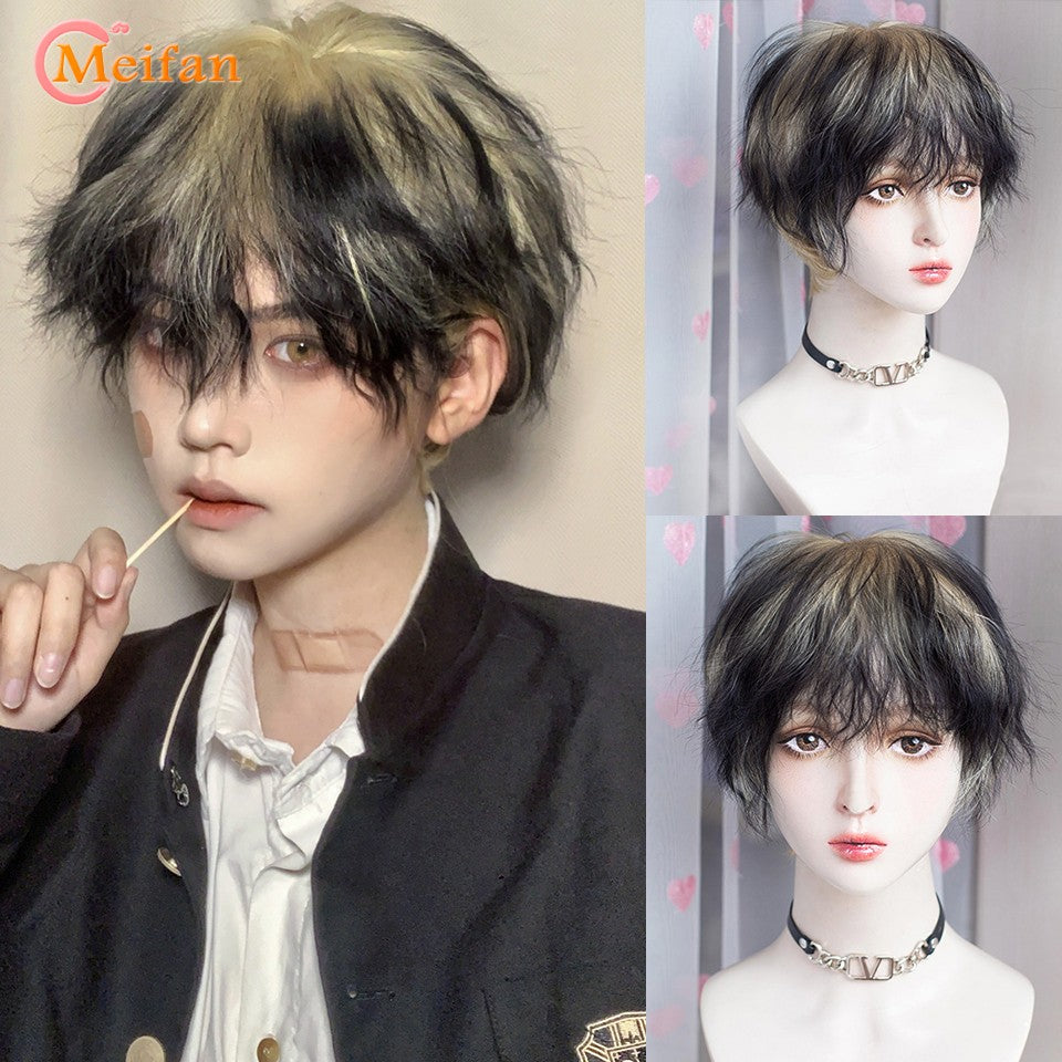Peruca MEIFAN Sintética Curta para Cosplay Lolita Anime Masculina Cabelo Liso Masculino Fibra de Alta Temperatura Rosa Azul Louro Ombré Preto Peruca
