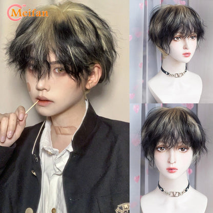 Peruca MEIFAN Sintética Curta para Cosplay Lolita Anime Masculina Cabelo Liso Masculino Fibra de Alta Temperatura Rosa Azul Louro Ombré Preto Peruca