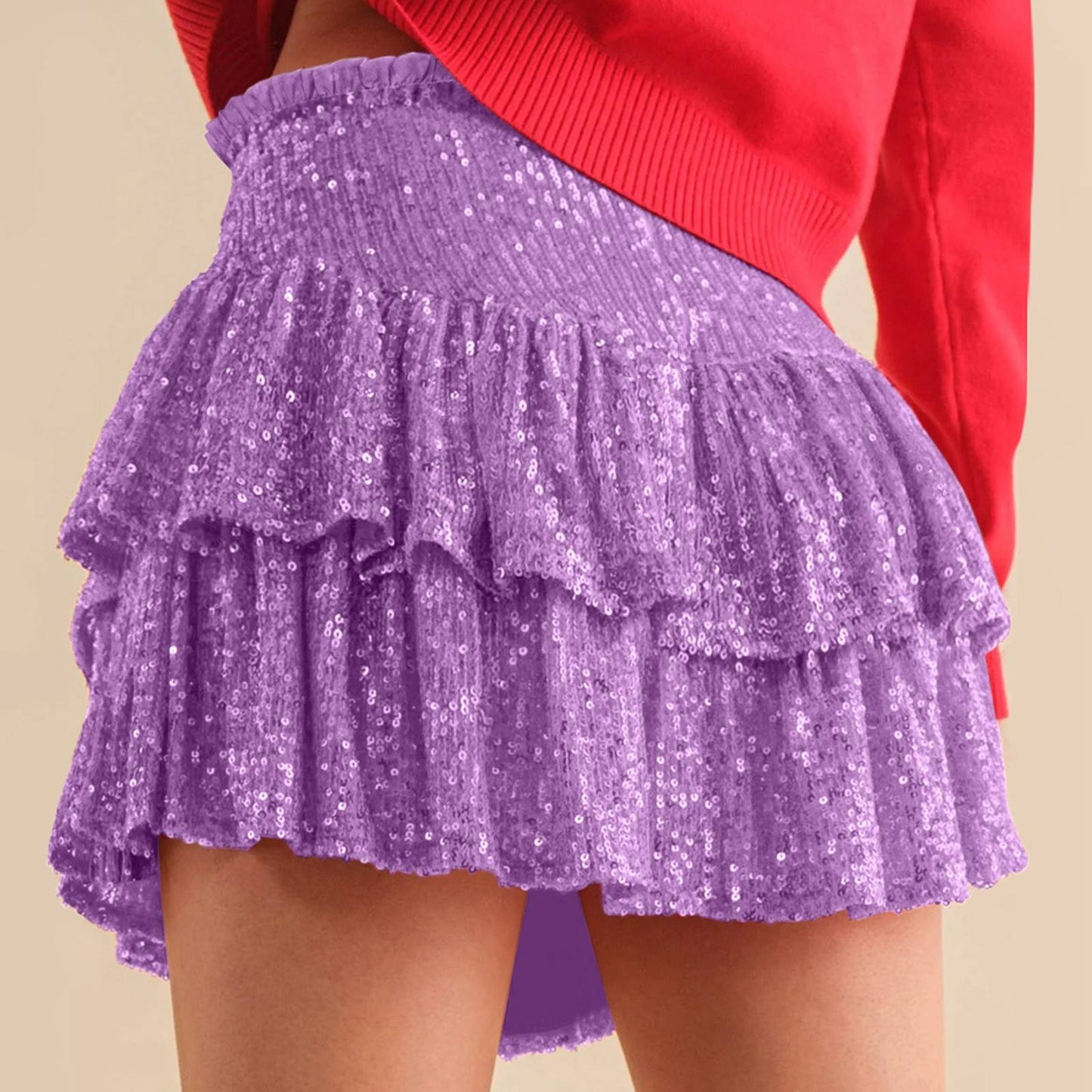 Women's Fashion Short Skirt Solid Pleated High Waist Skirts Classic Sequins Dance Party Sexy All-Match Skirts Plus Size L-3XL