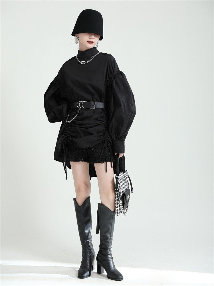 2025 Women Irregular Drawstring Big Size White Blouse New Stand Collar Long Sleeve Shirt Fashion Tide Spring Autumn