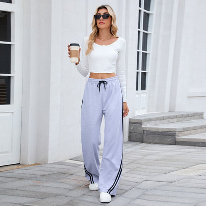 2025 Women Stripe Chic Straight Pant Autumn Spring Retro Sports Sweatpants Solid color casual fashion elegant waist womens pants