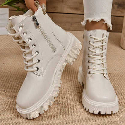 Thick Warm Long Plush Ankle Boots for Women Winter 2024 Lace Up Pu Leather Motorcycle Boots Woman Plus Size Short Booties Shoes