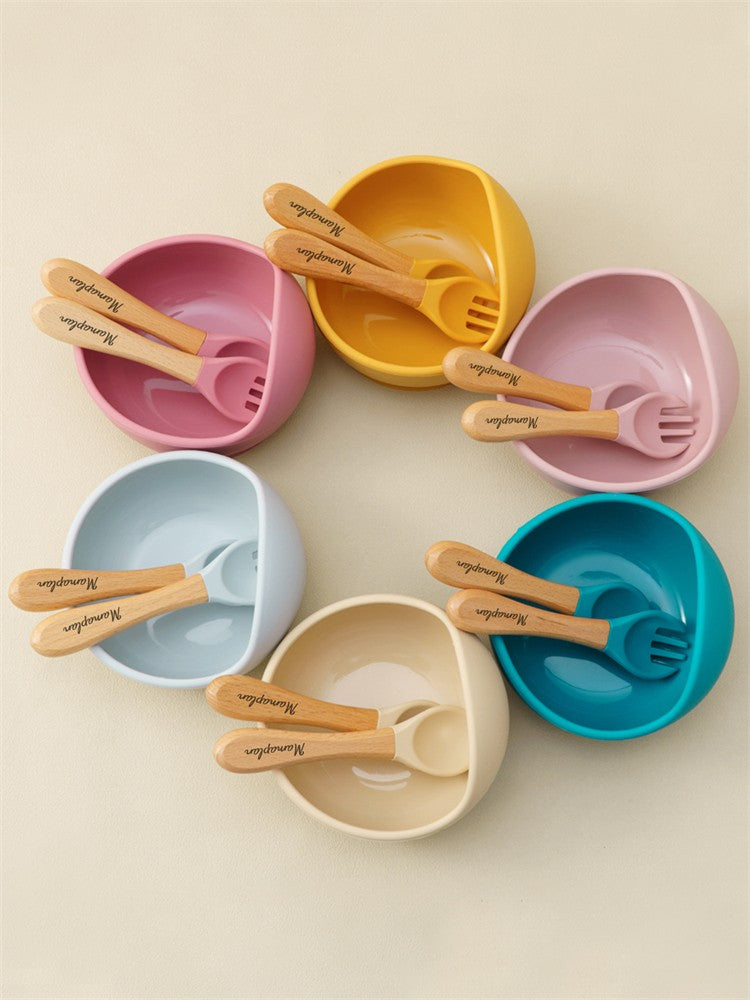 3PCS Custom Baby Feeding Set Spoon Fork BPA Free Silicone Suction Bowl For Toddlers Self Feeding Training Children's Tableware